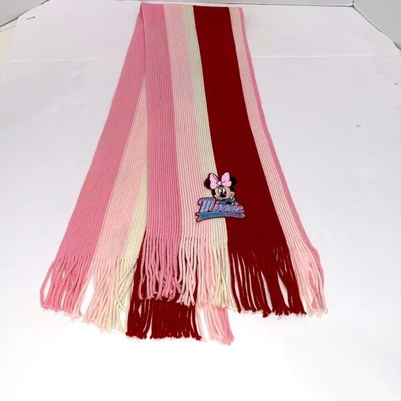 Disney Girls Minnie Mouse Embroidered Stripped Red And Pink Scarf With Fringe - Picture 4 of 6